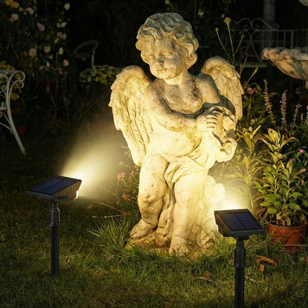 Solar spotlight stake lights with warm white glow, waterproof landscape flood