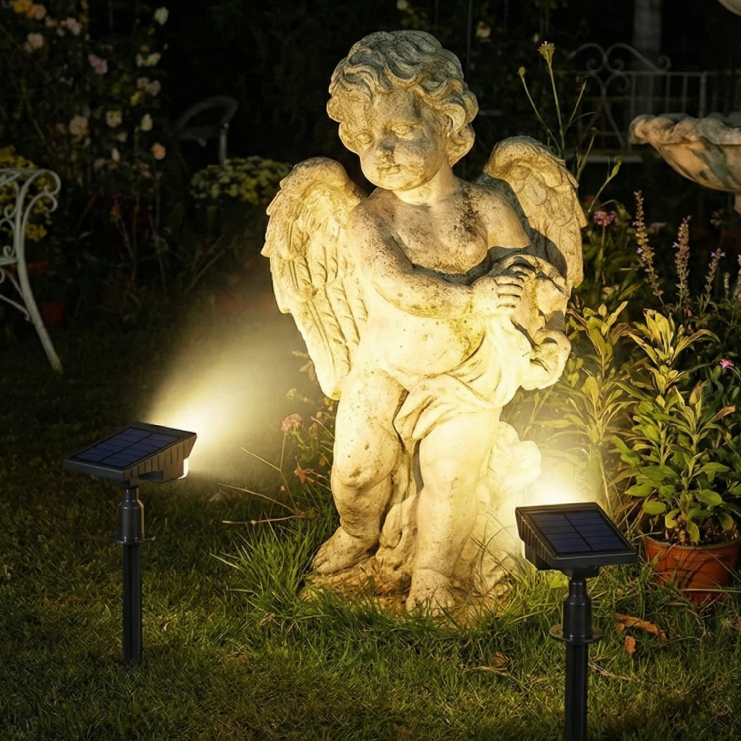 Solar spotlight stake lights with warm white glow, waterproof landscape flood