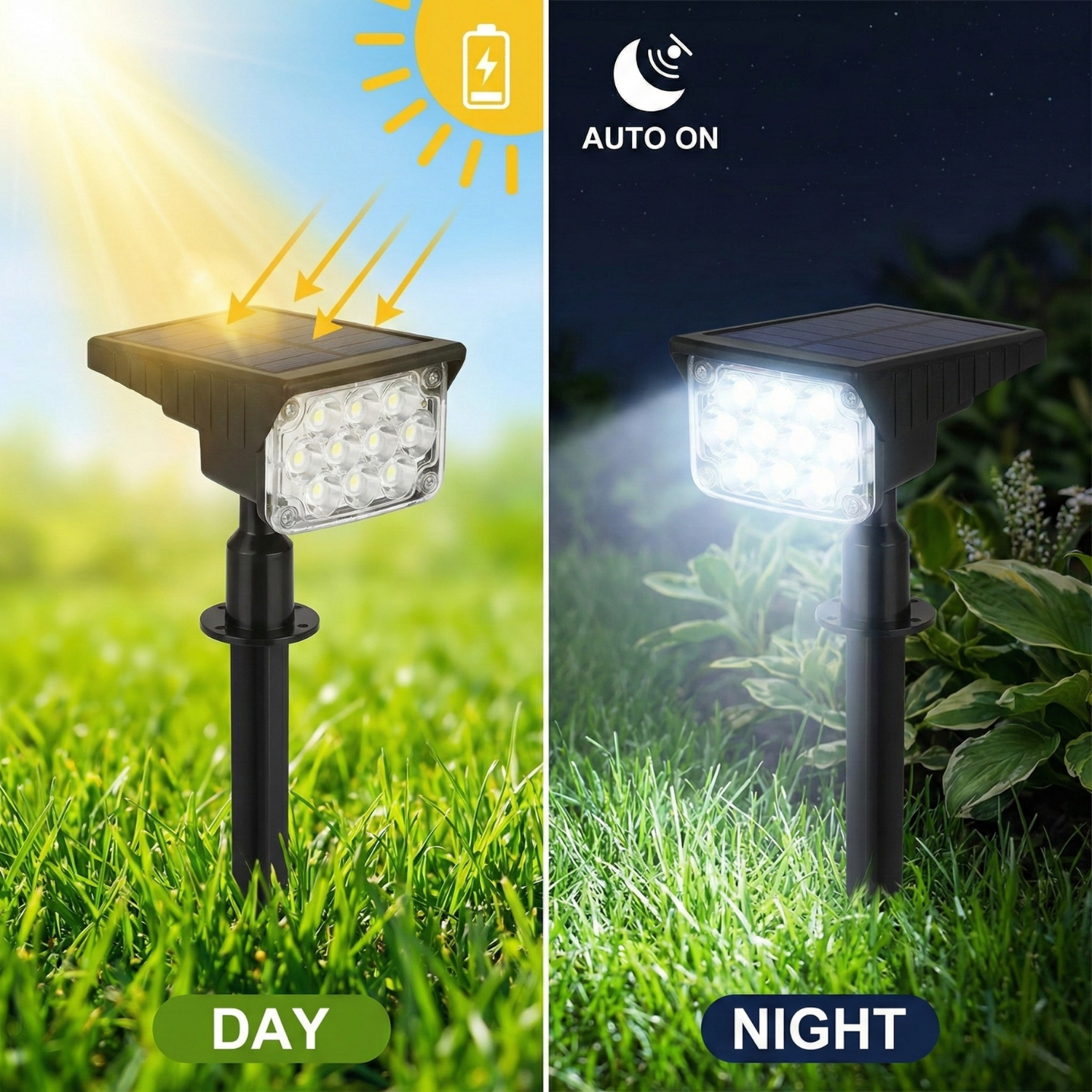 Solar spotlight stake light on grass, auto on day/night illumination