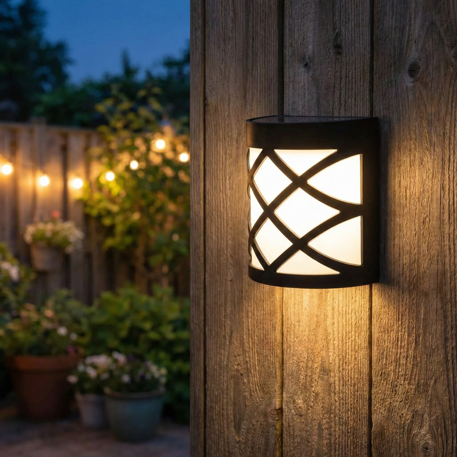 Decorative outdoor wall light fixture on a wooden post with garden and string lights in the background.