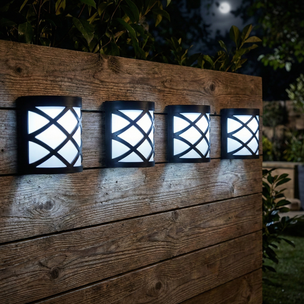 Four outdoor wall lights with lattice design on a wooden panel at night.