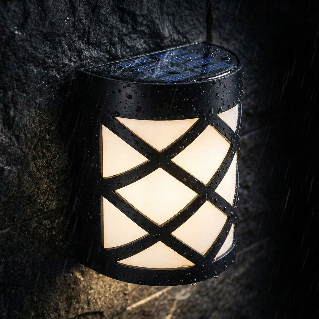 Black outdoor wall light fixture with geometric design on a dark background