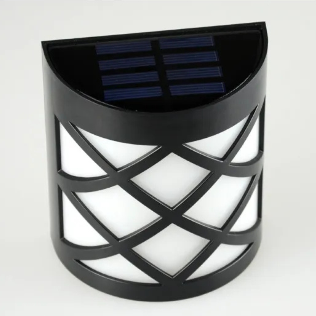 Black solar wall light with geometric design on a white background