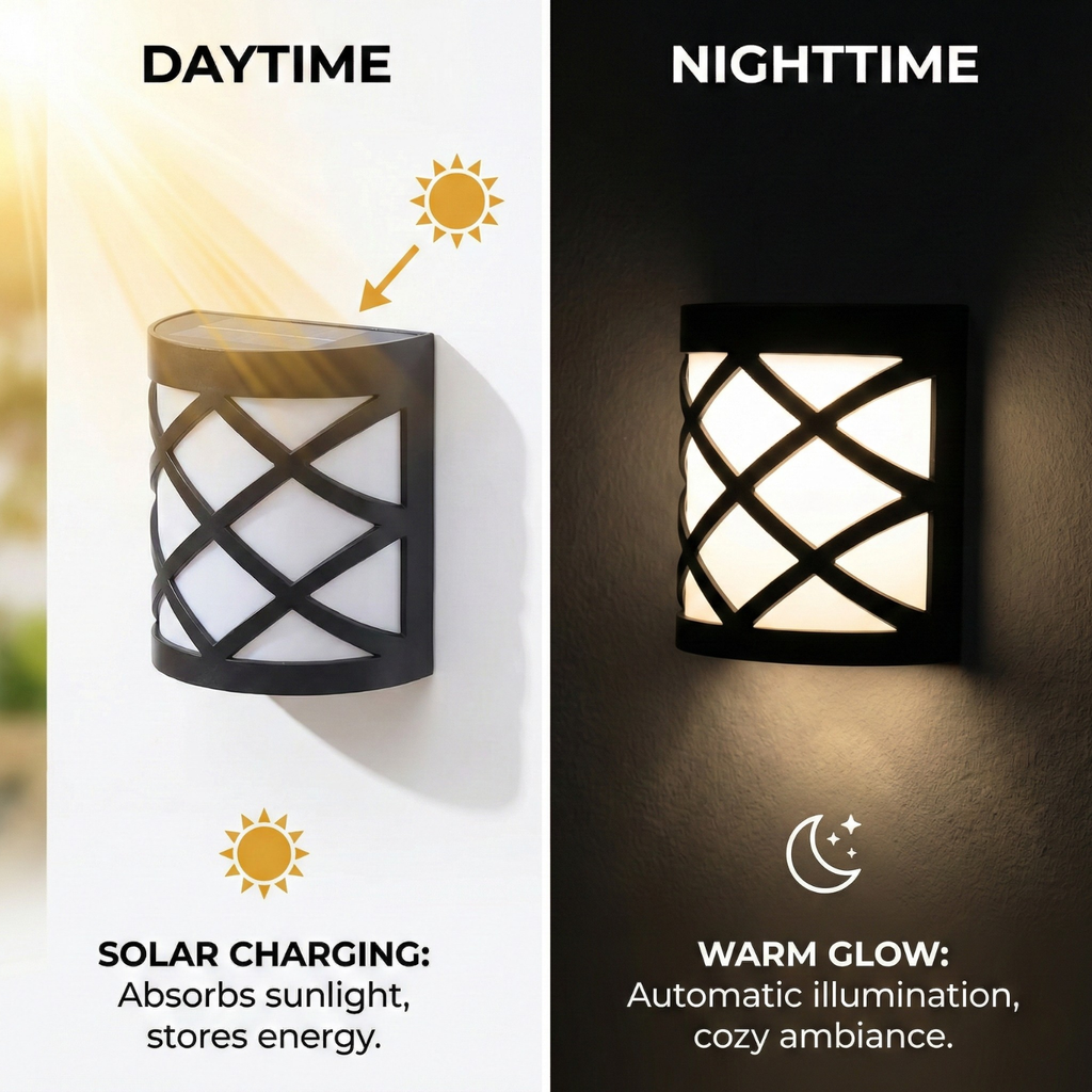 Outdoor wall light fixture showing daytime solar charging and nighttime warm glow on a white and black background.