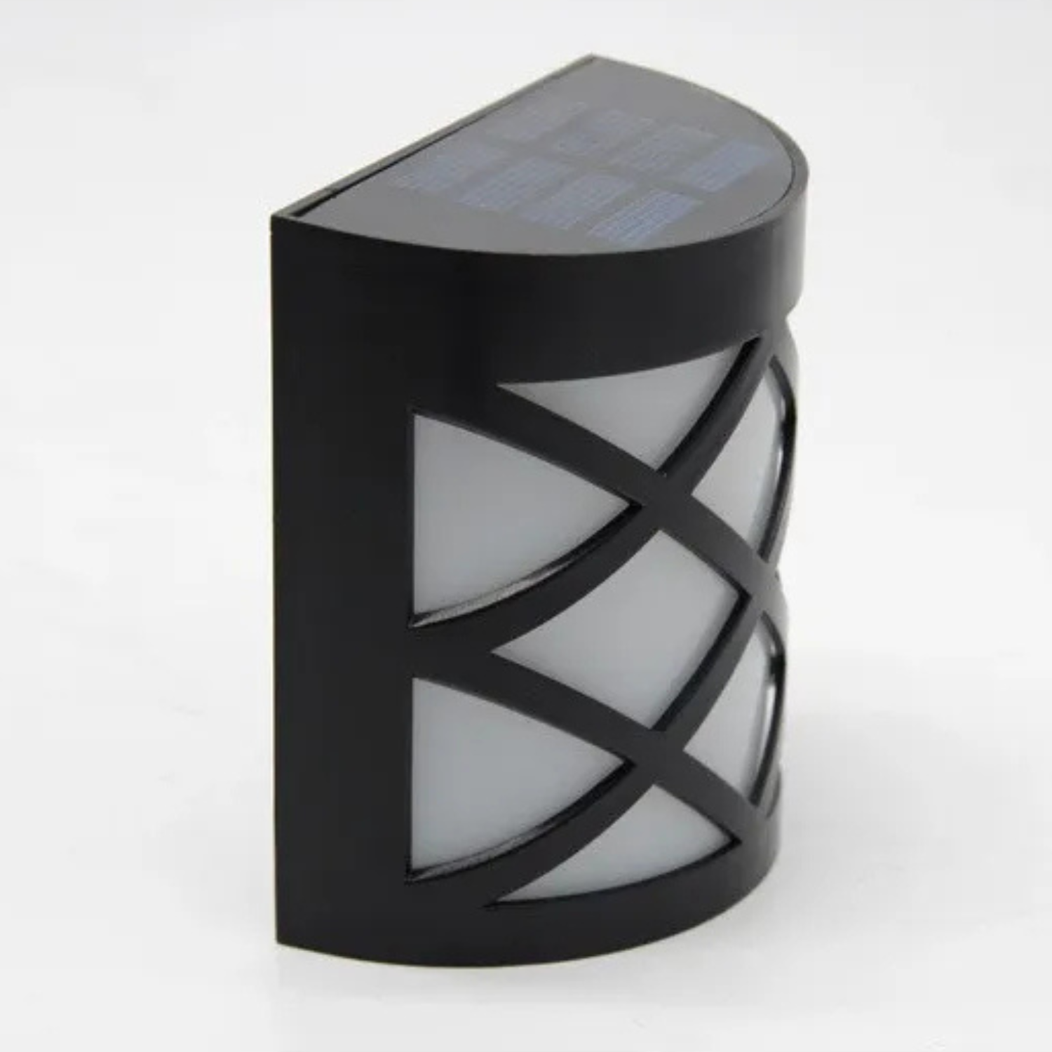 Black outdoor wall light with solar panel on a white background