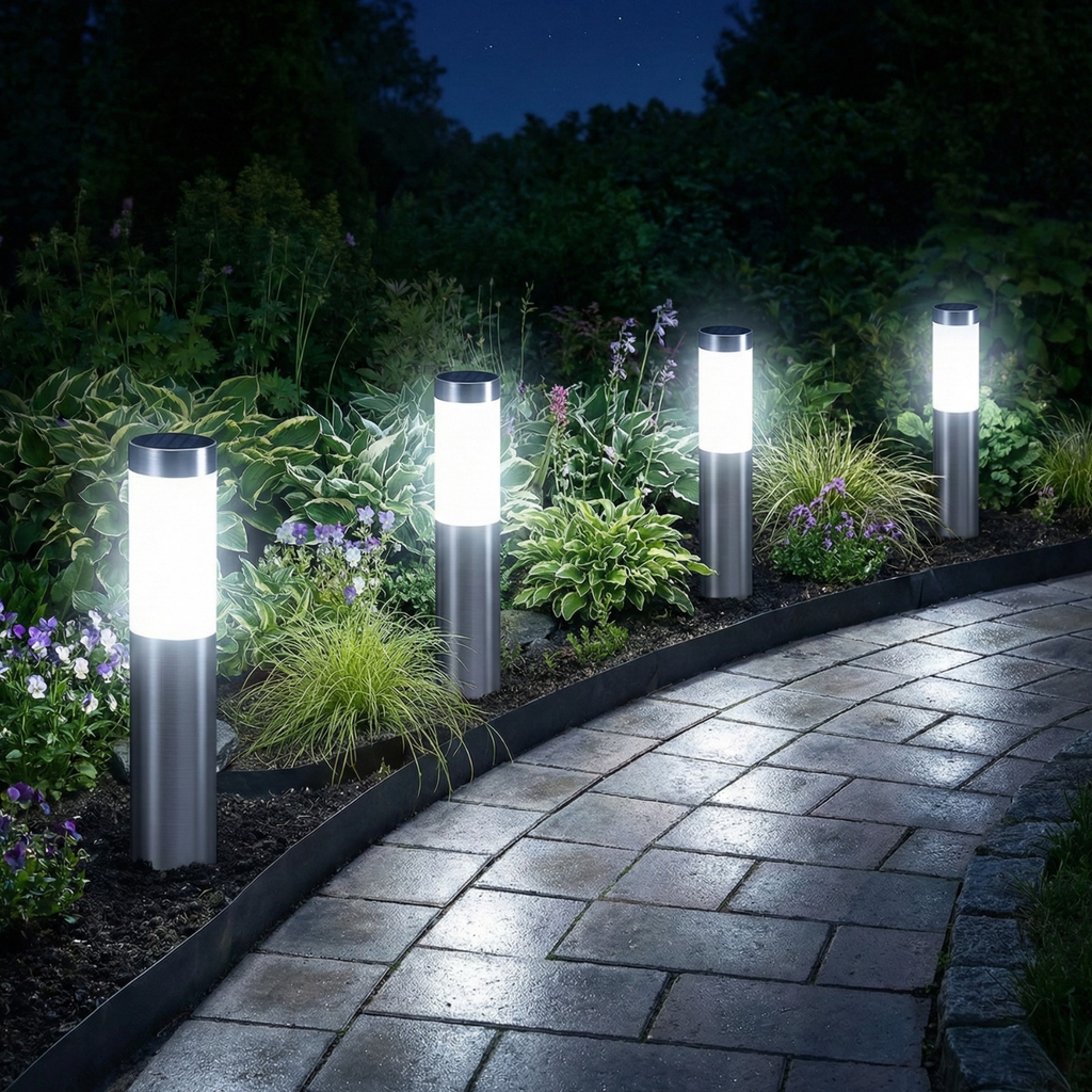 Stainless steel solar bollard lights with bright warm LEDs along garden walkway