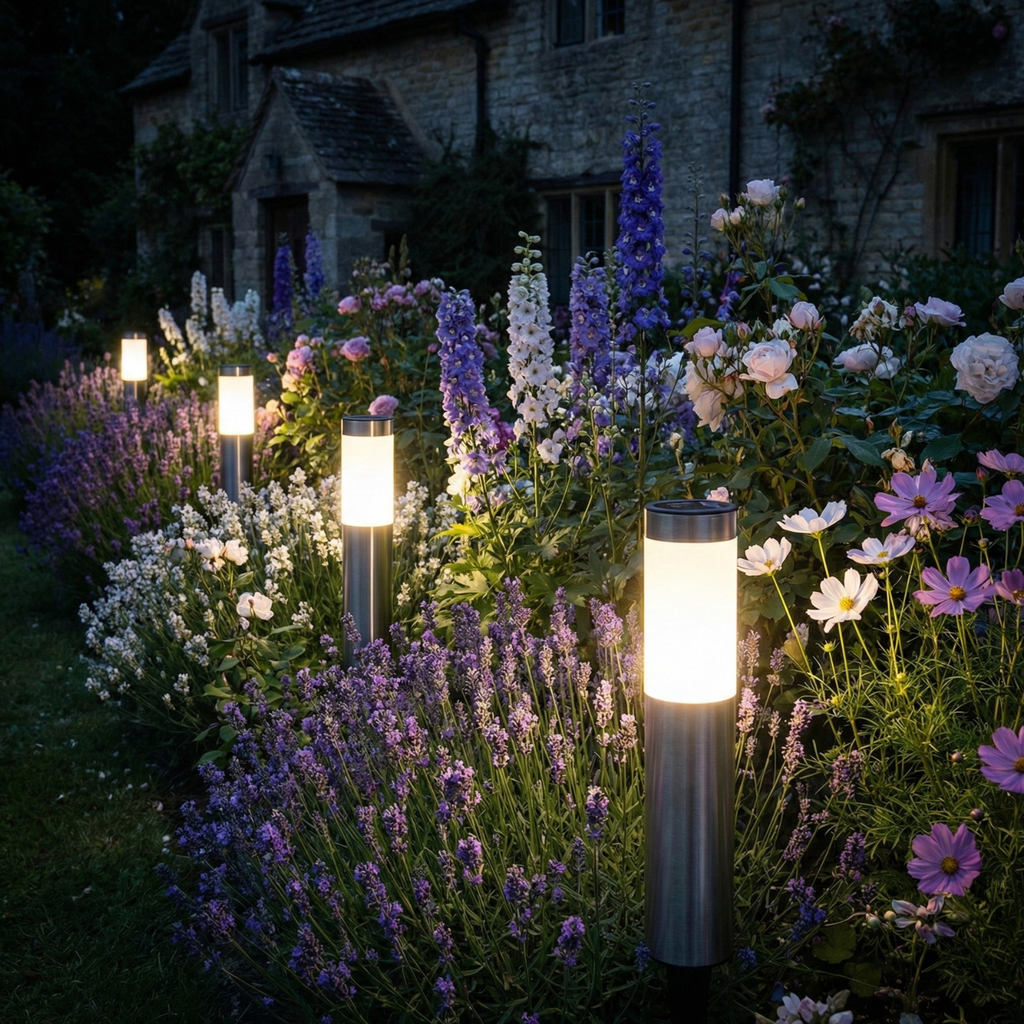 Solar bollard light with stainless steel body and warm LED glow among flowers