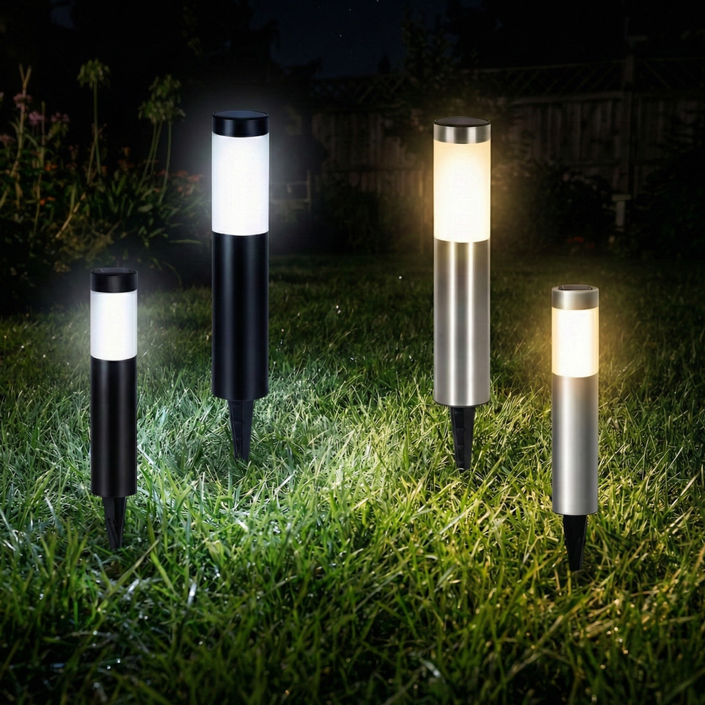 Set of solar bollard lights in black and stainless steel with bright cool glow