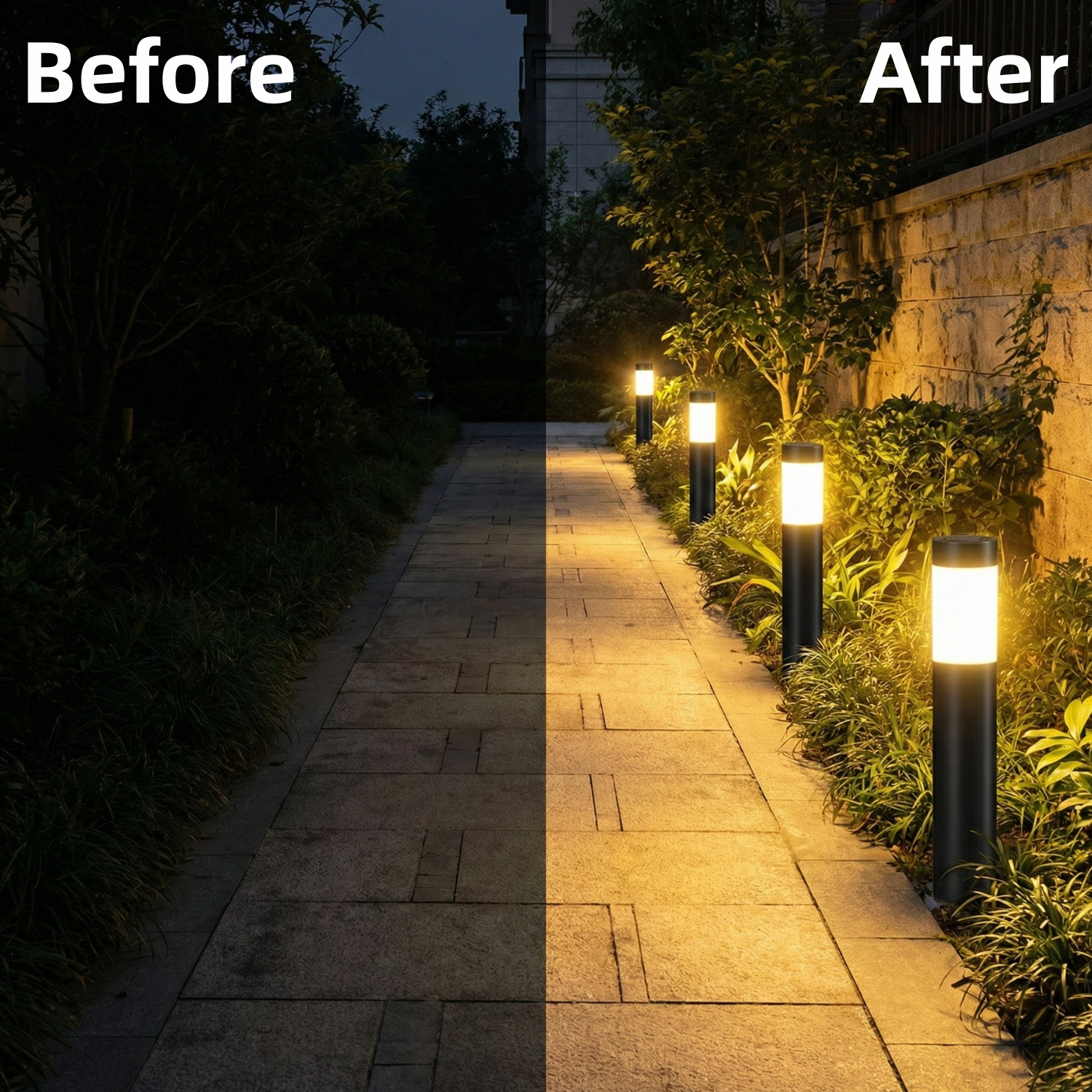 Black solar bollard lights illuminating a pathway with warm light at night