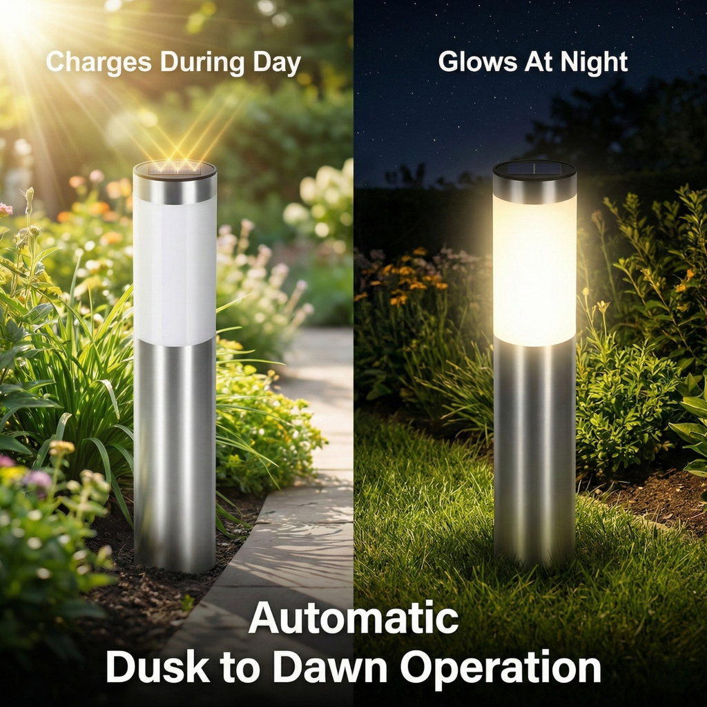 Solar bollard light charging in daylight and glowing at night