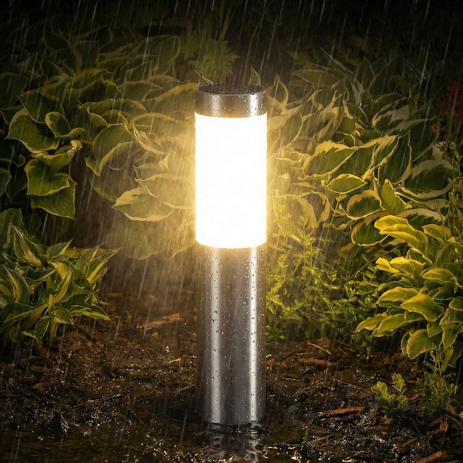 Stainless steel solar bollard light with warm glow and water droplets