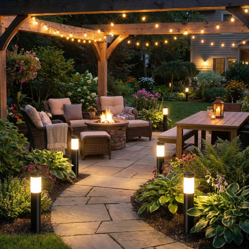 Black solar bollard path lights with warm LEDs along a garden patio walkway