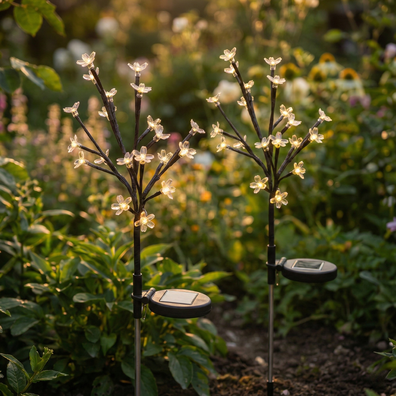 Solar garden lights with floral designs on a natural background