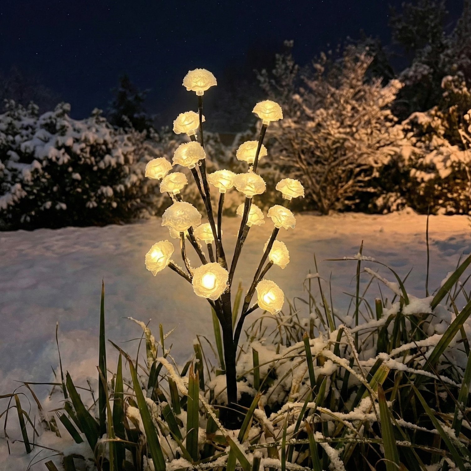 Decorative outdoor light fixture in a snowy landscape