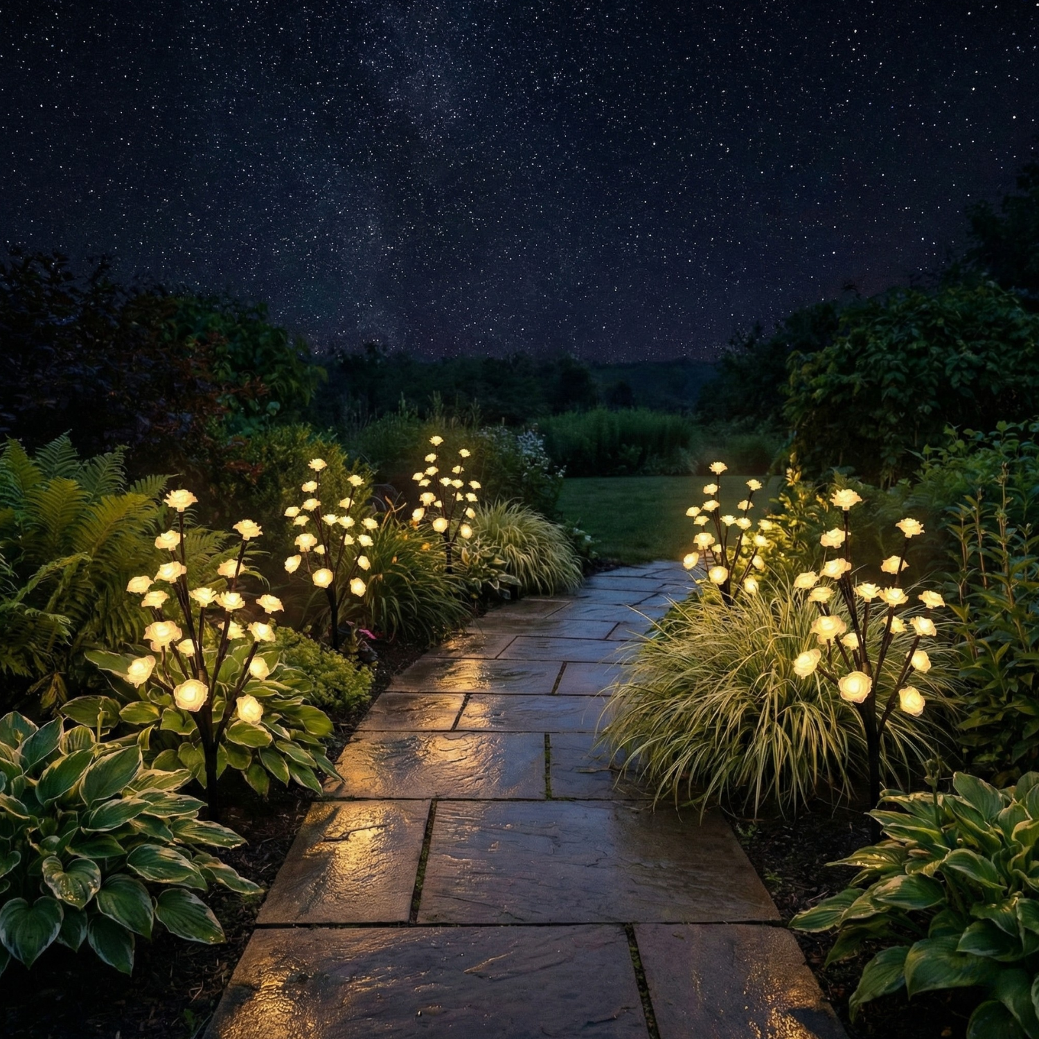 Glowing garden pathway with illuminated plants under a starry night sky.