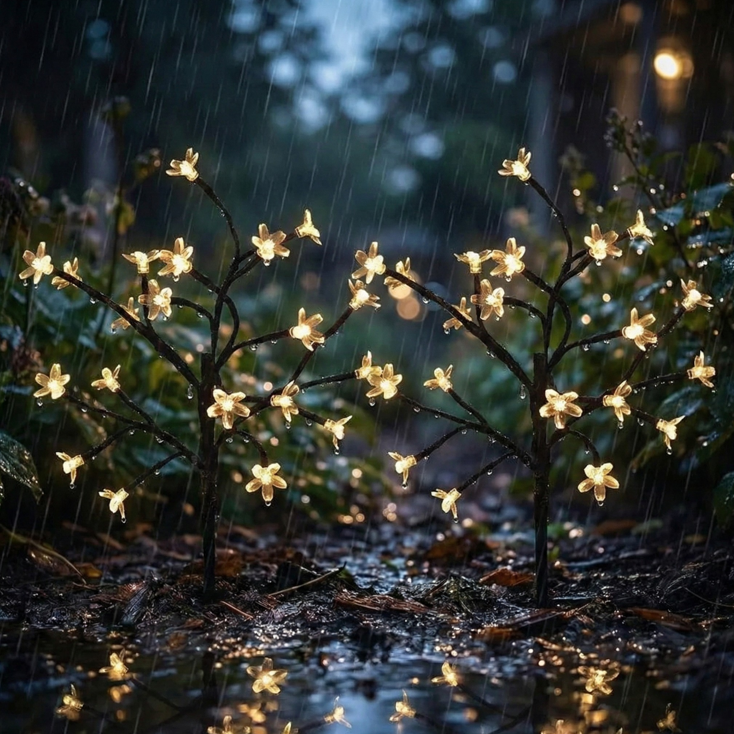 Decorative string lights shaped like small trees in a dark forest setting