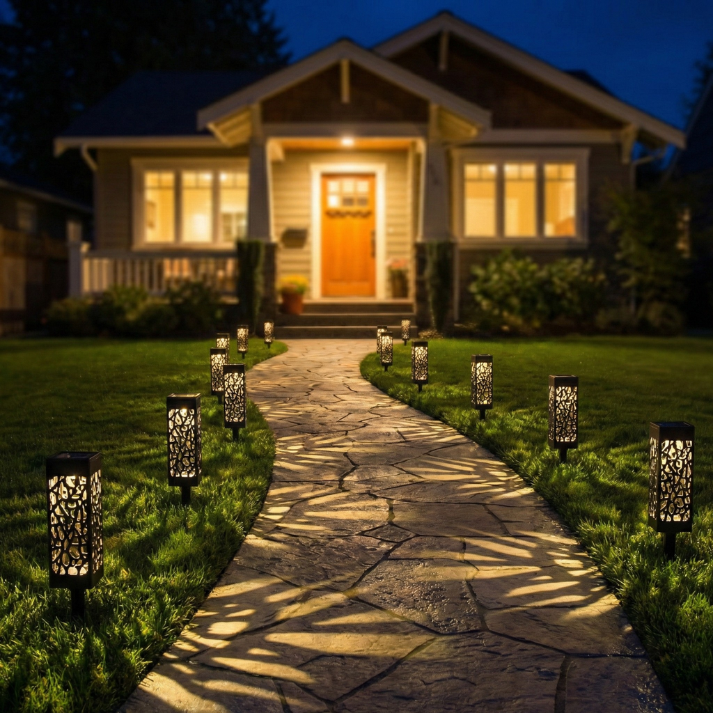 Pathway leading to a house with decorative outdoor lights on either side.