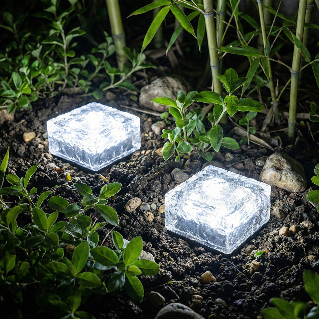 Solar ice brick path light, cool white glow, textured glass cube