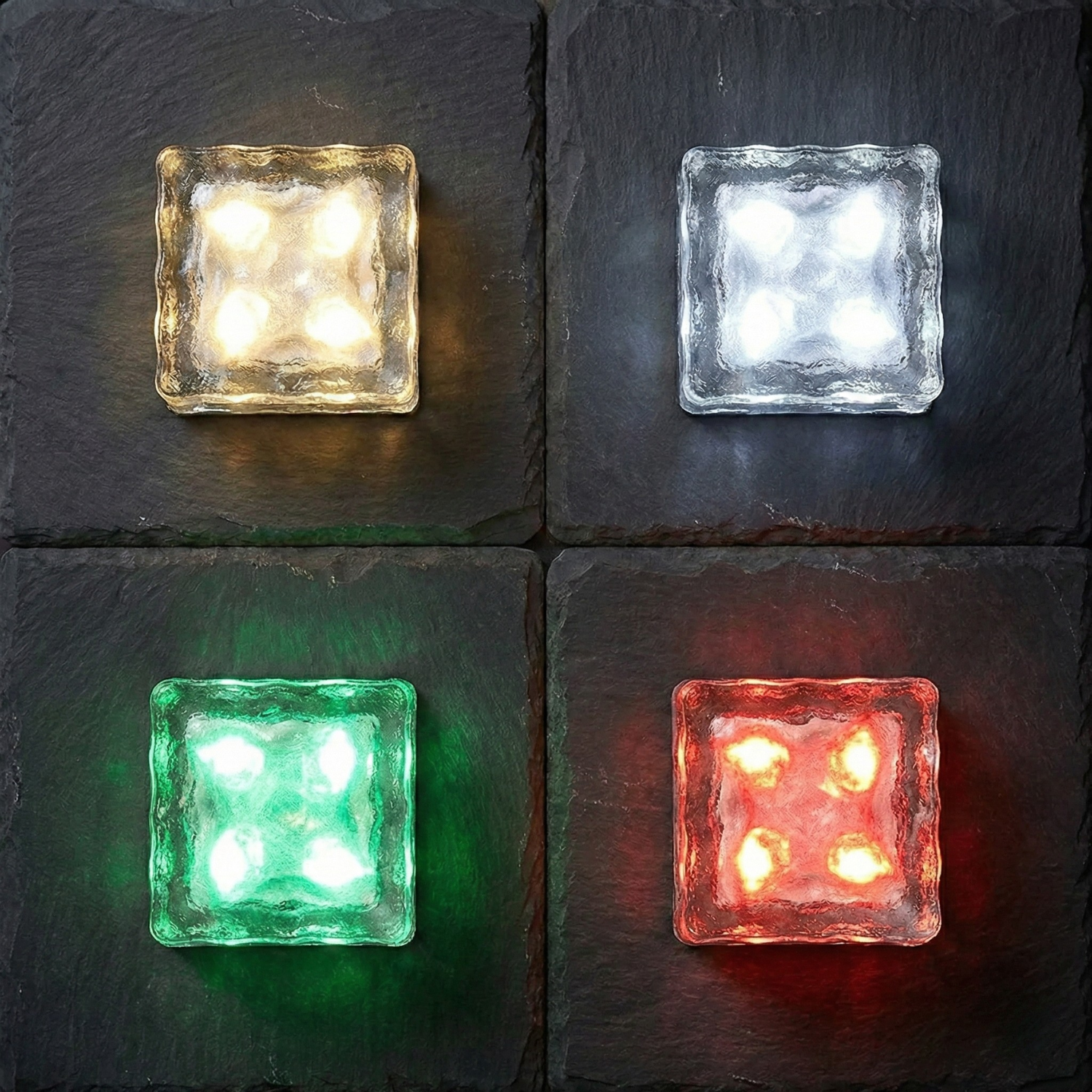 Ice brick garden light in warm, cool, green, and red glowing glass cubes