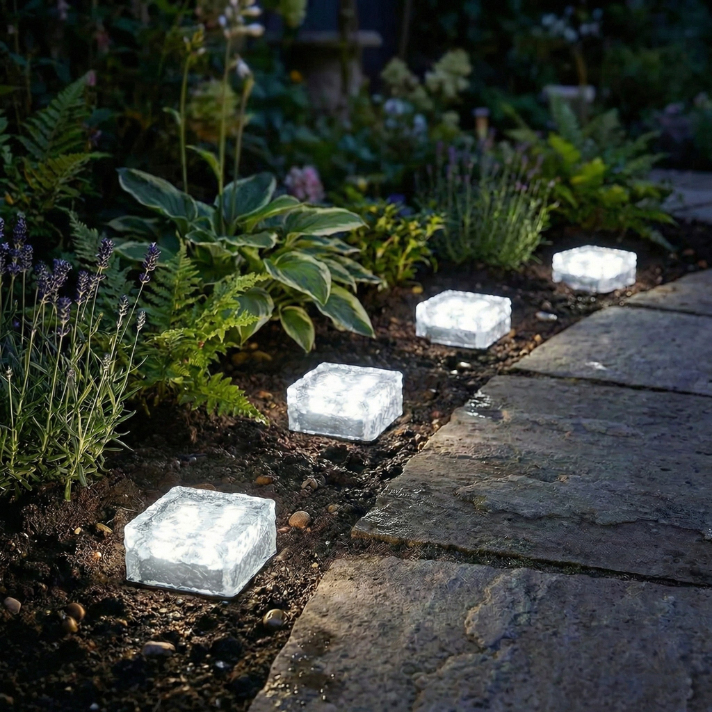 Solar ice brick path light, cool white glowing square cube on ground