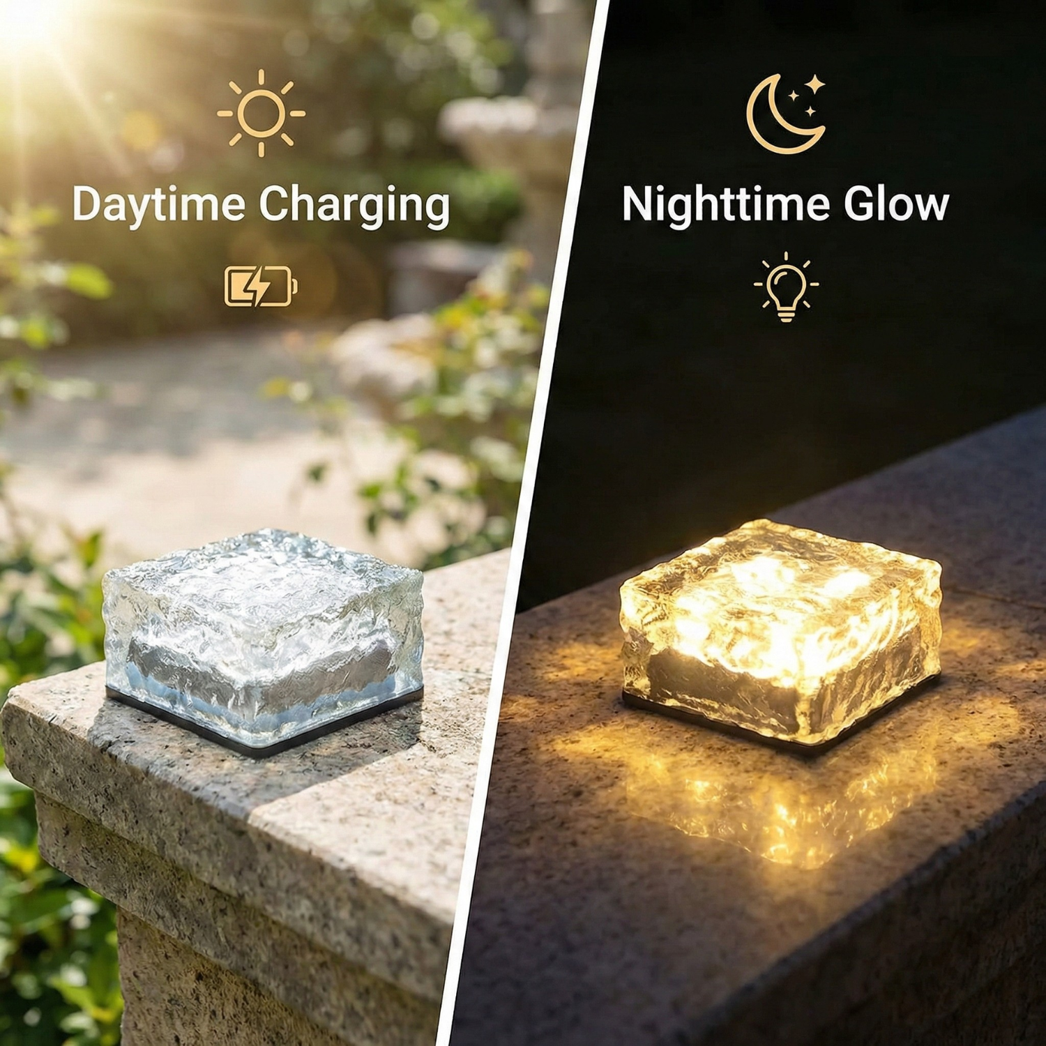 Solar ice brick light with cool white day and warm white night glow