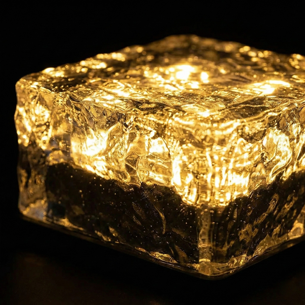Solar ice brick light, warm white close-up glowing glass cube