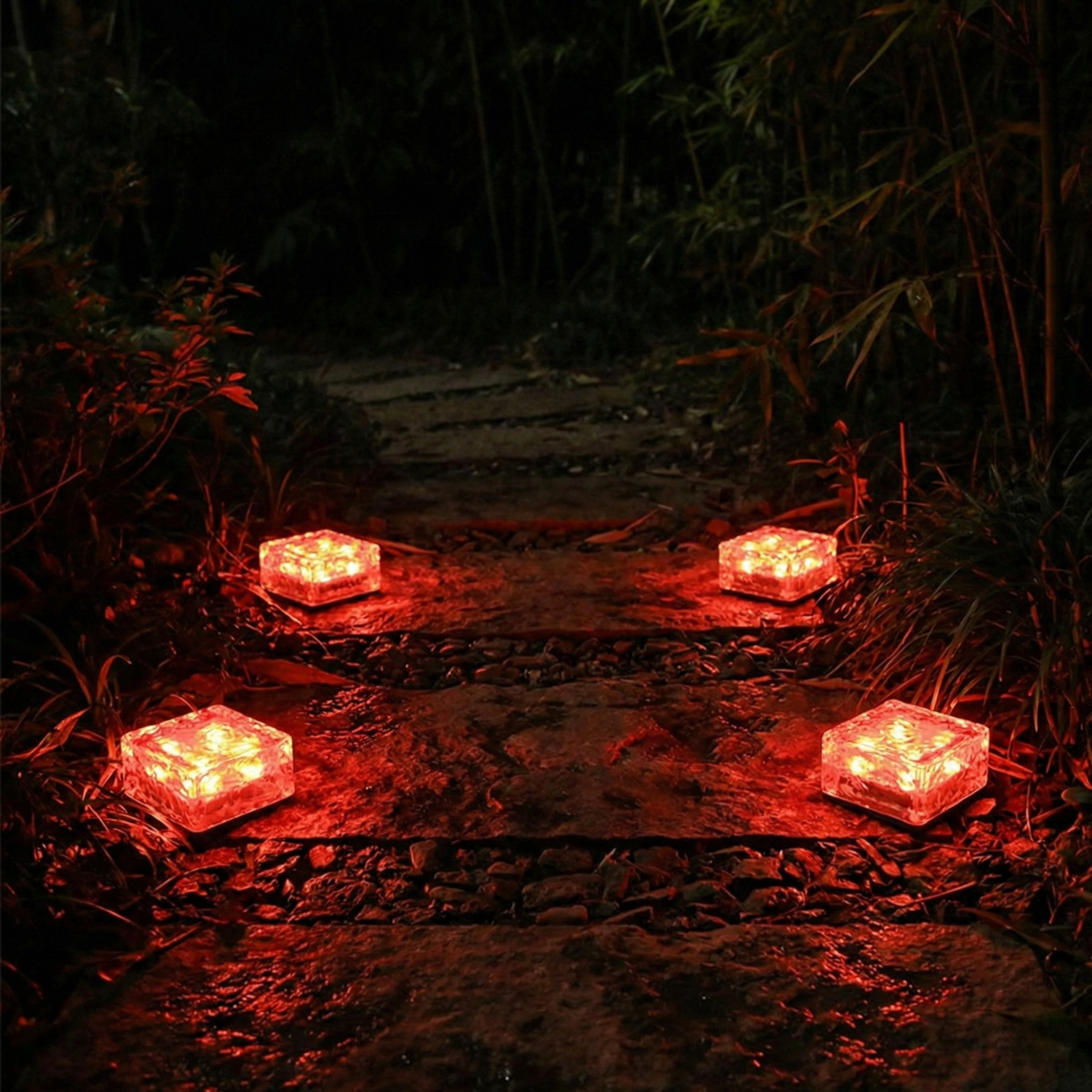 Solar ice brick path light, red glowing textured glass square