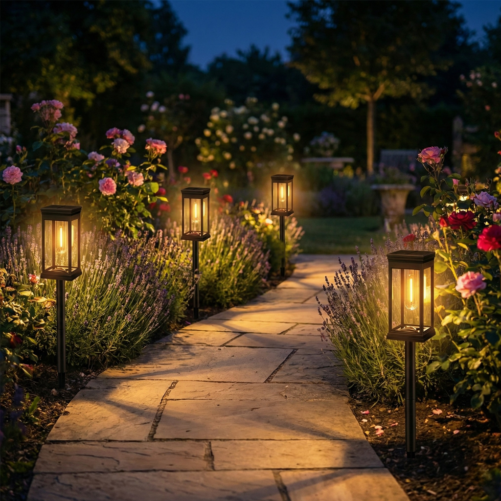 Garden pathway with illuminated lanterns surrounded by flowers at night.