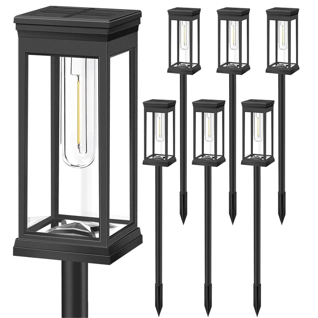 Set of solar lawn stake lights, black rectangular lanterns with warm bulbs