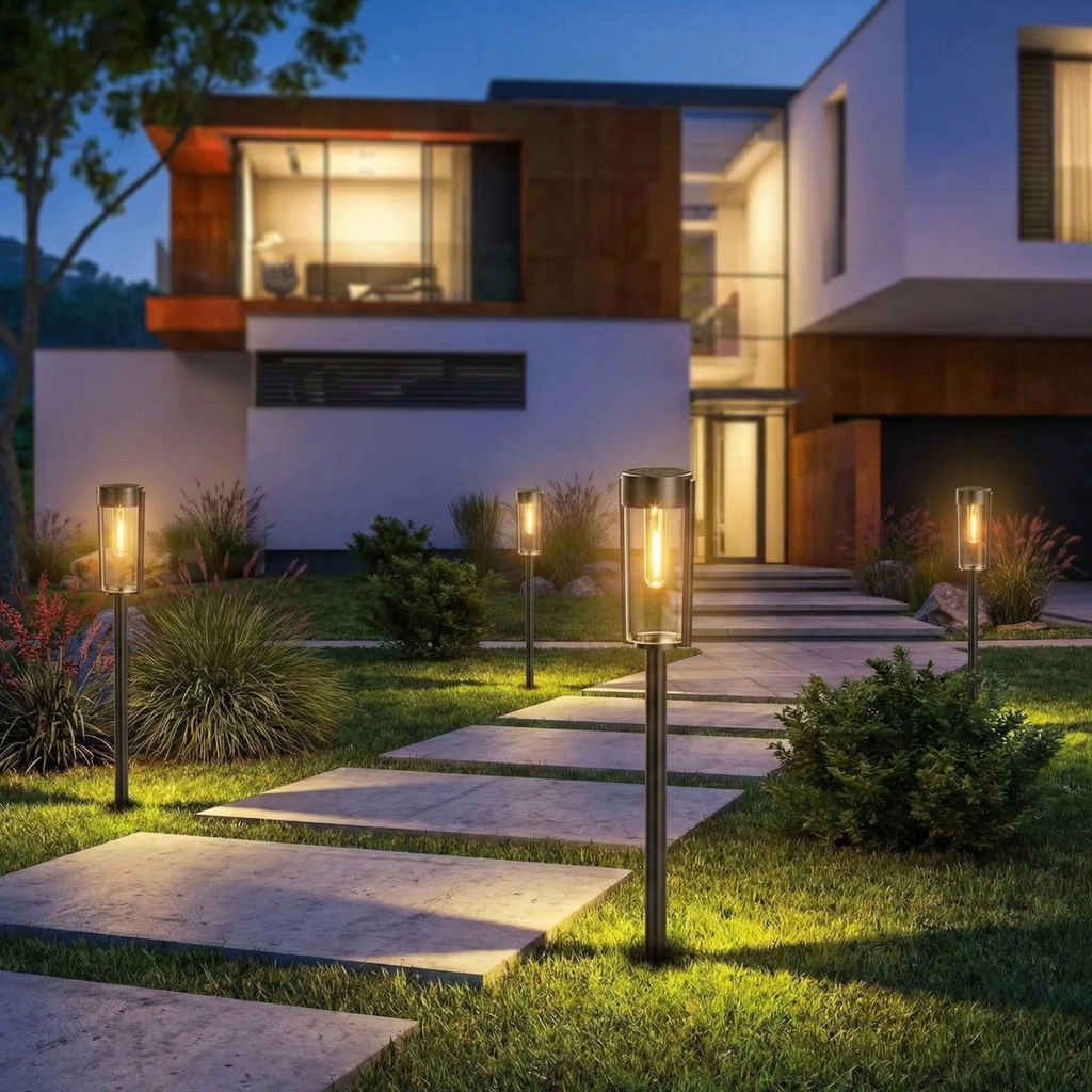 Solar pathway stake lights with warm glow, tall lantern heads on metal poles