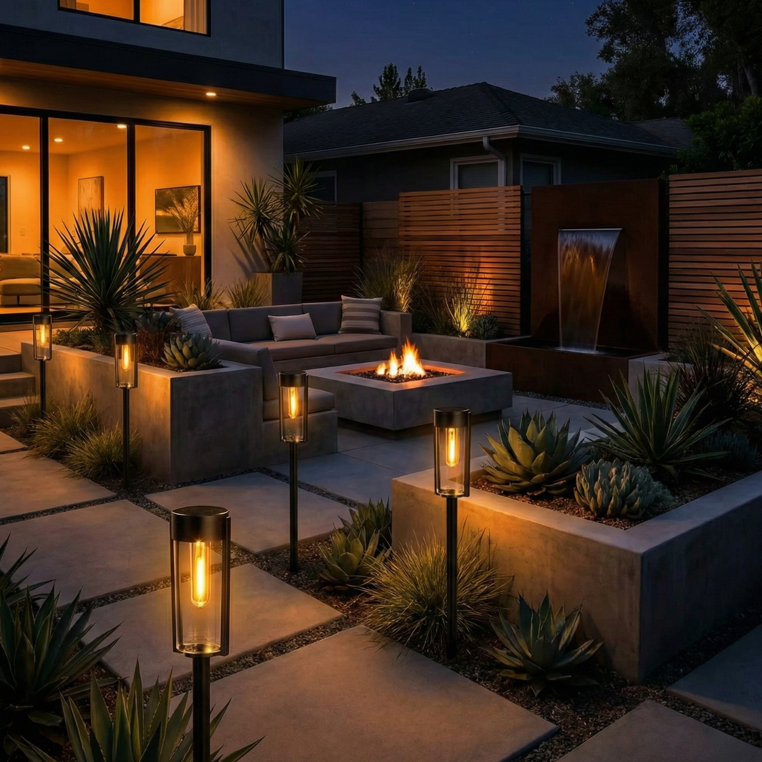 Warm-glow solar pathway stake lights with clear glass lanterns in dark finish