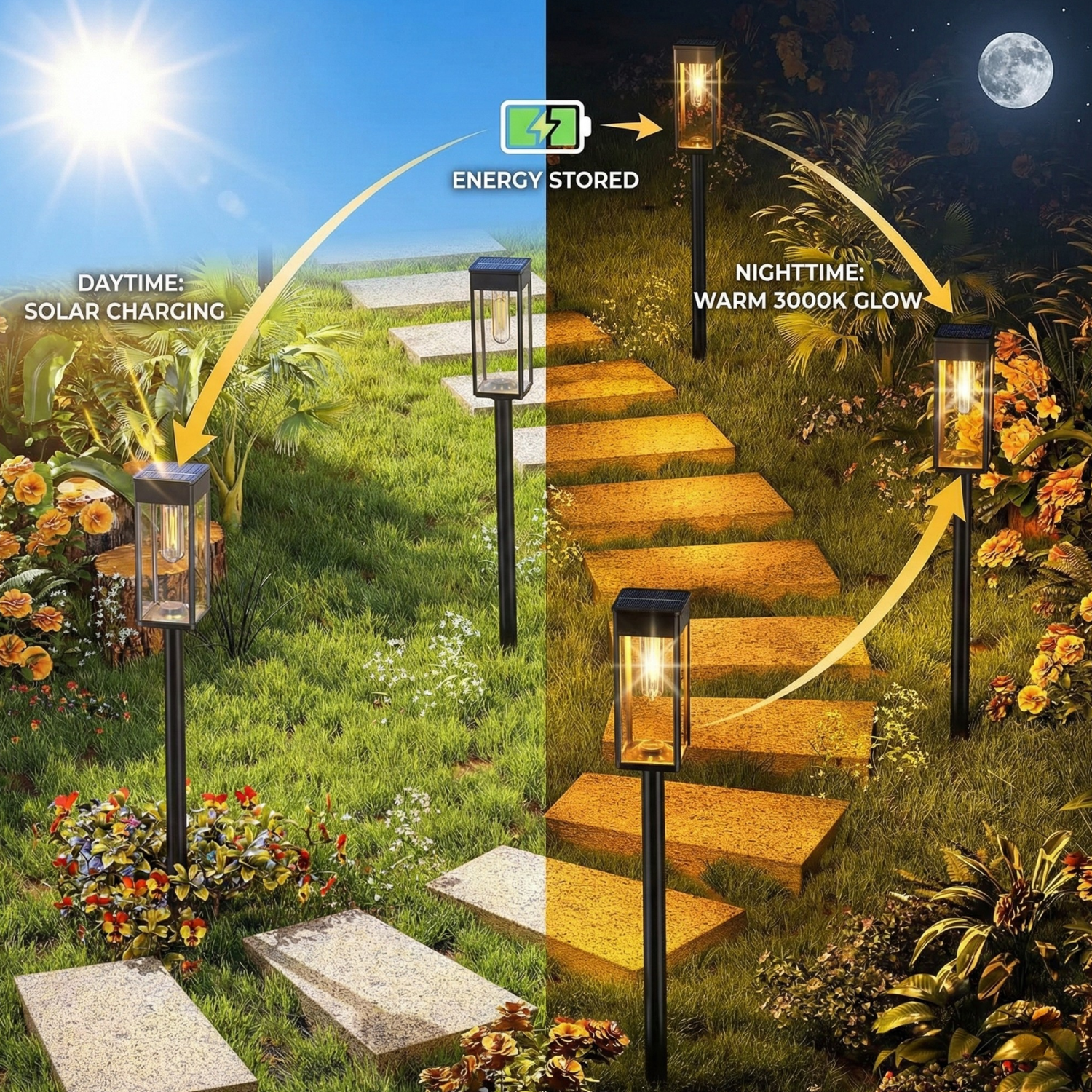 Solar path stake lights shown along garden steps with warm glow at night