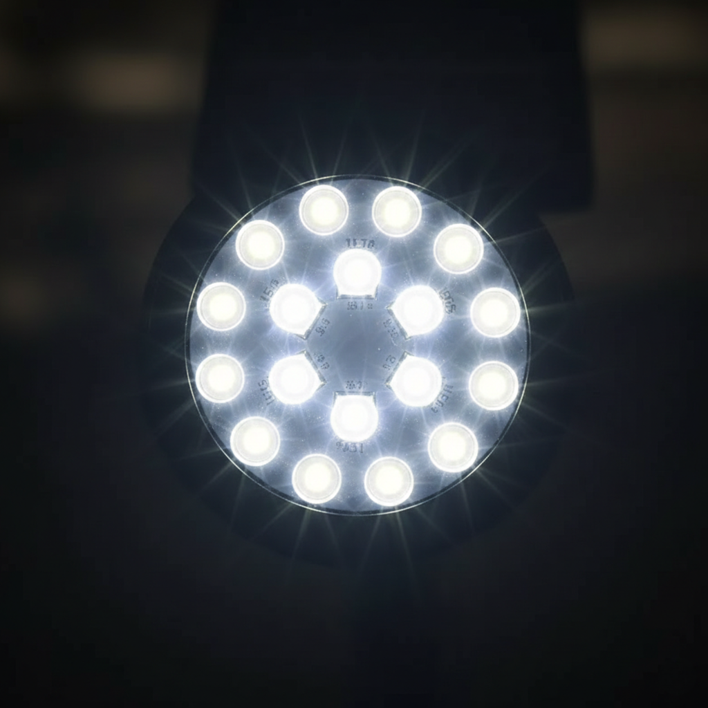 Round solar spotlight head with 18 LED bulbs glowing, close-up view