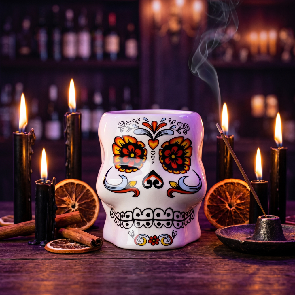 Ceramic skull tiki mug with orange flower face and heart motif, Day of the Dead style