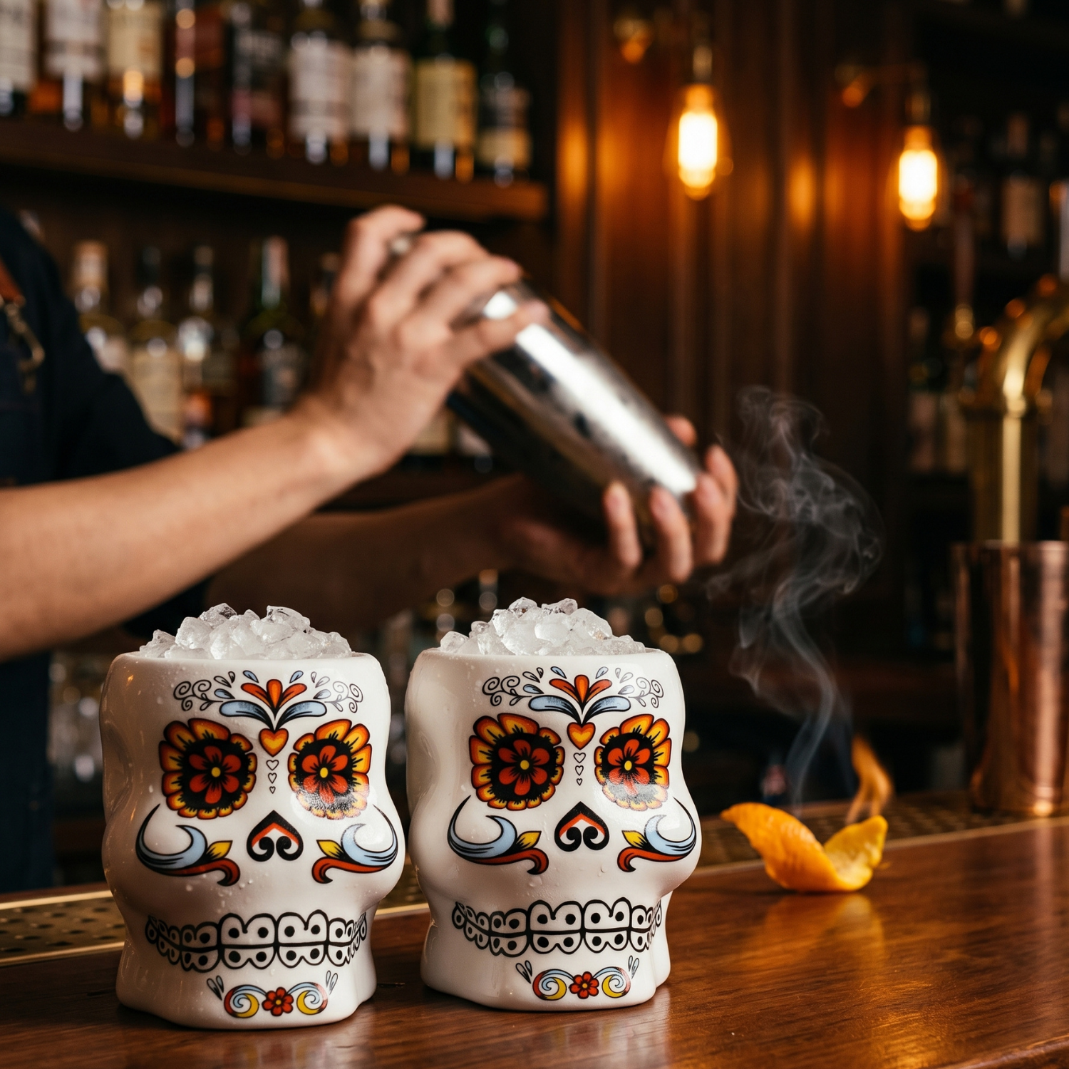 Pair of ceramic skull tiki mugs with orange floral Day of the Dead design on a bar