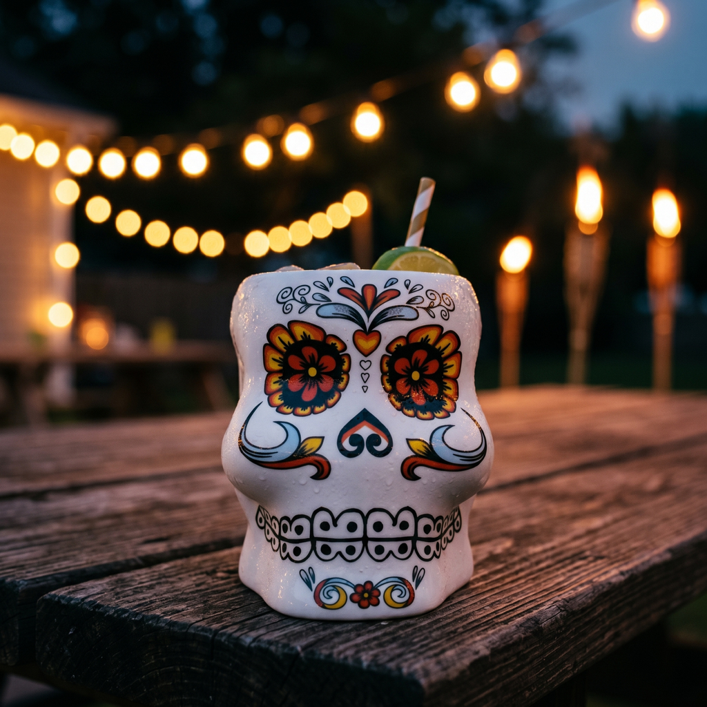 Ceramic skull tiki mug with orange floral face design, outdoors on a wooden table