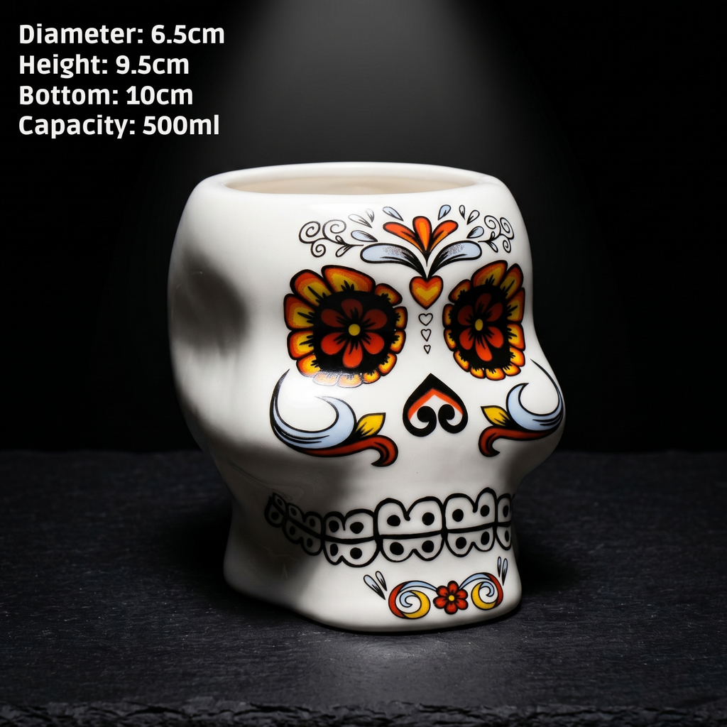 Ceramic 500ml skull tiki mug with orange flower and heart Day of the Dead design