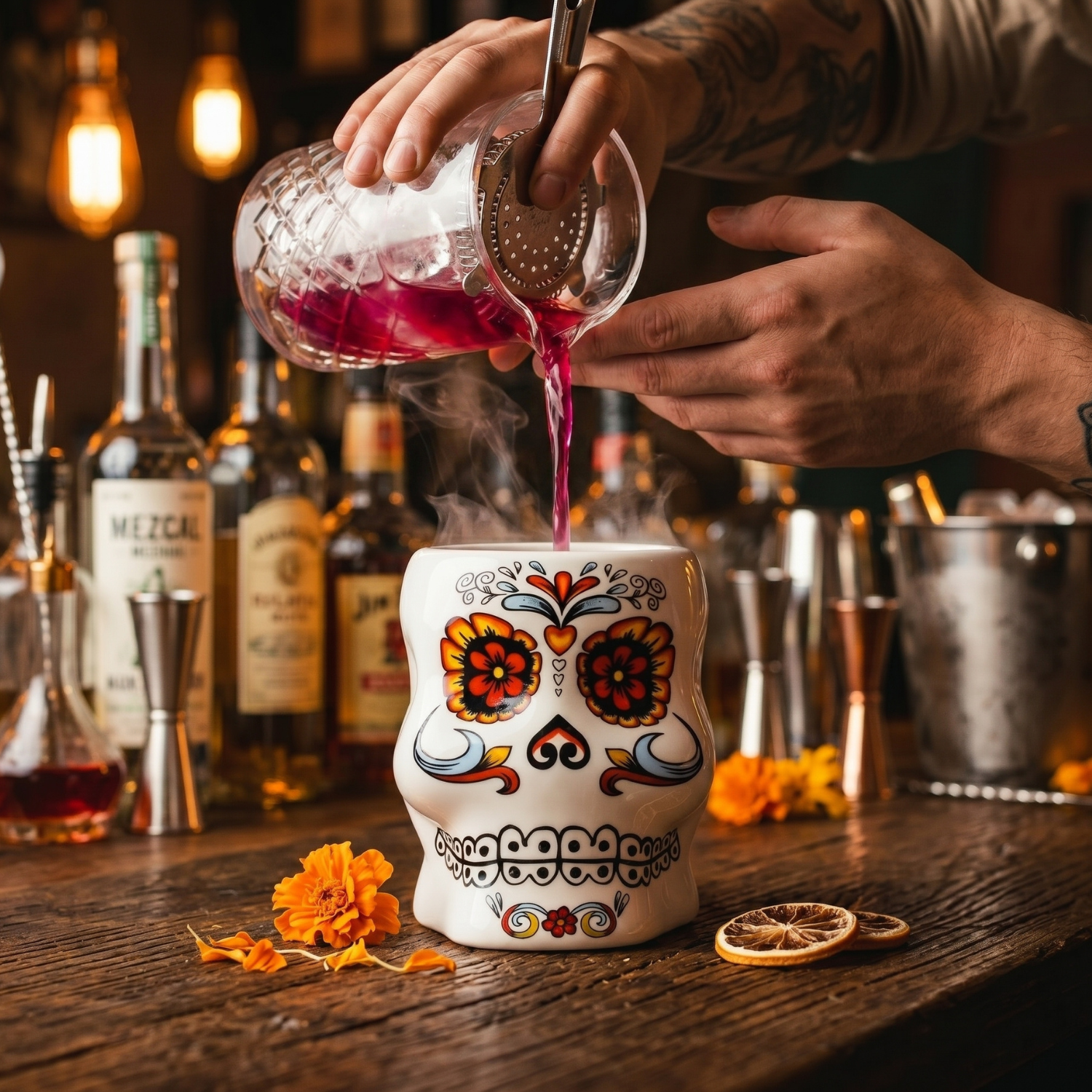 Ceramic skull tiki mug with orange floral face design while poured drink is added