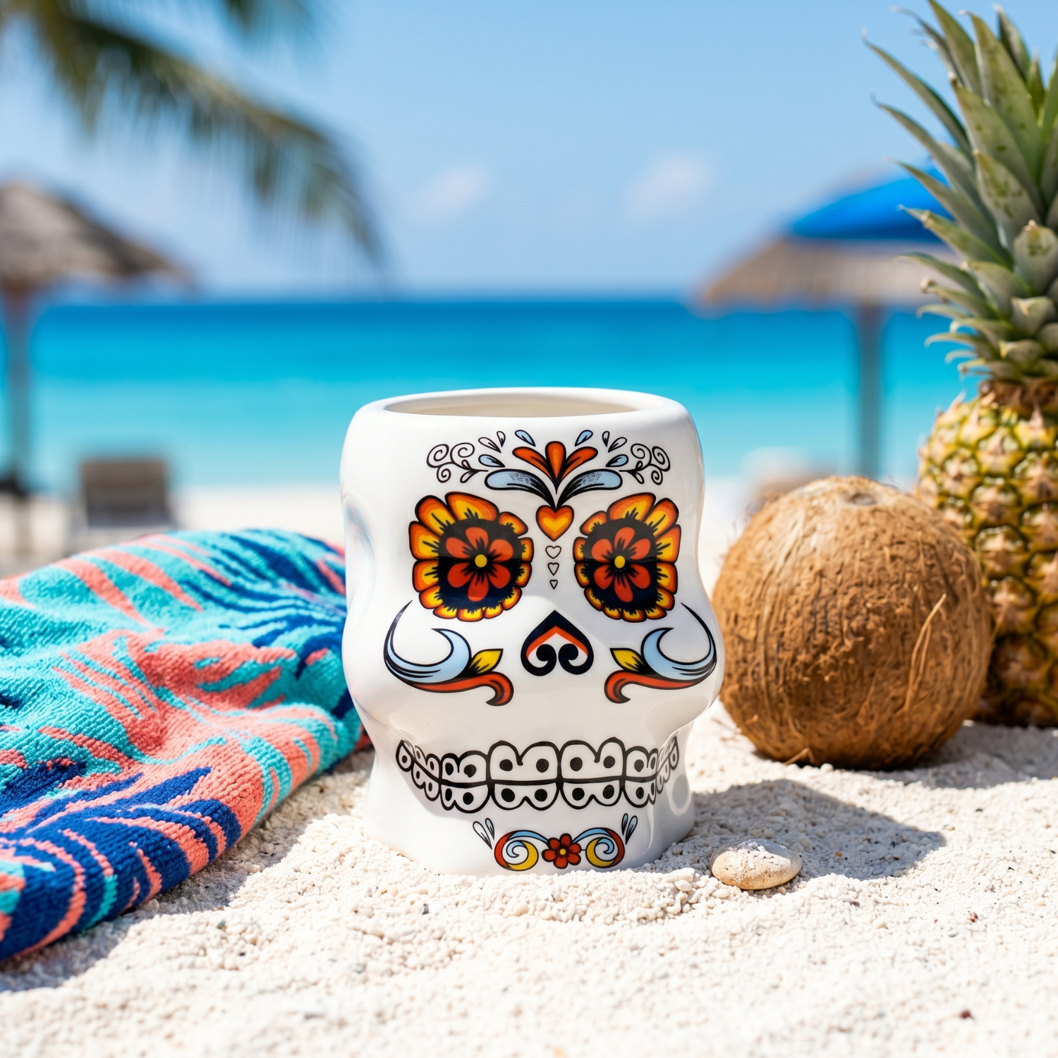 Ceramic skull tiki mug with orange flower and swirls, Day of the Dead style