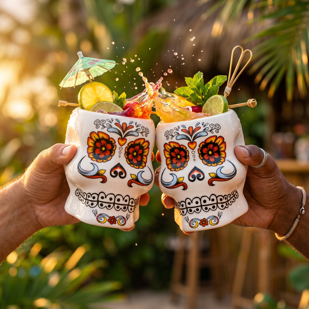 Ceramic skull tiki mug with orange floral Day of the Dead face design, 500ml