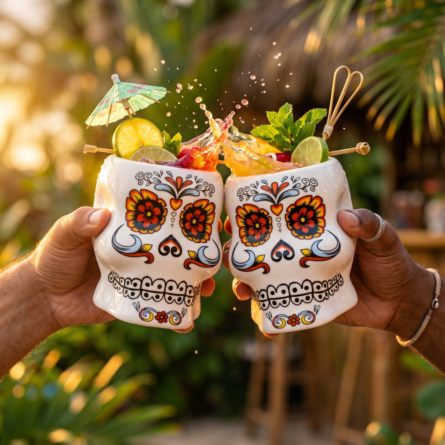 Ceramic skull tiki mug with orange floral Day of the Dead face design, 500ml