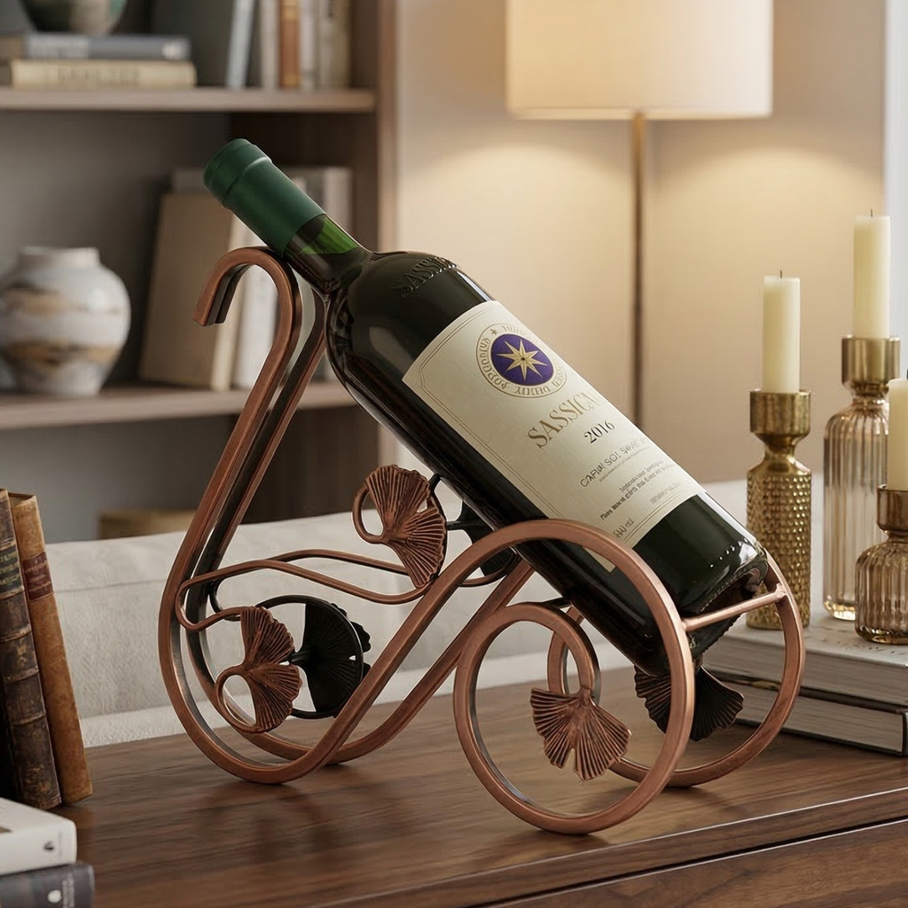 Bronze swan wine rack bottle holder with rose-gold iron frame and ginkgo