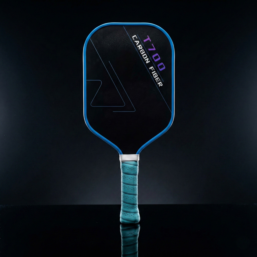 T700 pickleball paddle: black carbon-fiber face, blue frame, turquoise grip