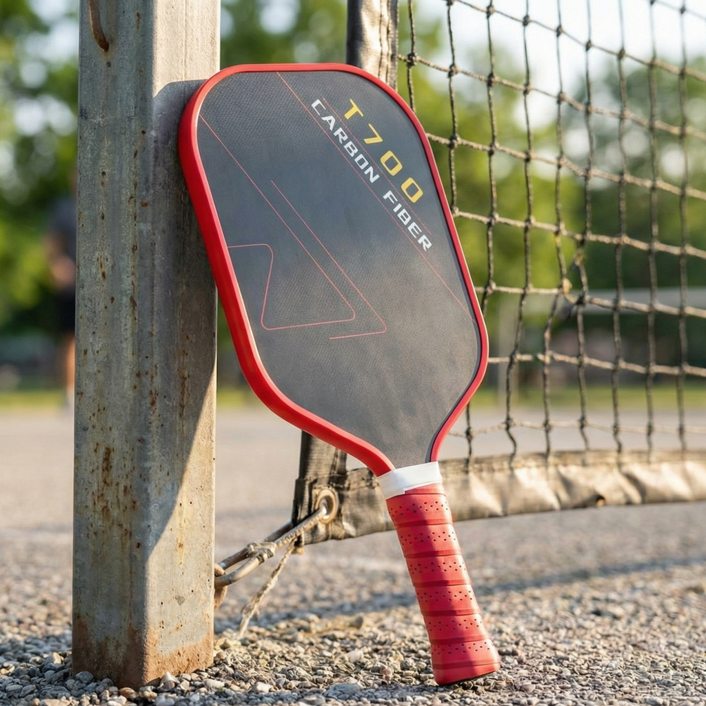 T700 carbon fiber pickleball paddle with red frame and white wrap grip