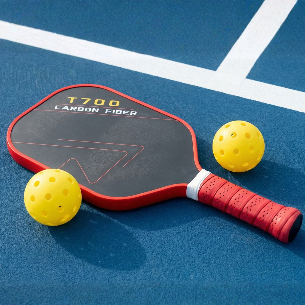 Rosso Corsa carbon fiber pickleball paddle with red grip and two yellow practice balls