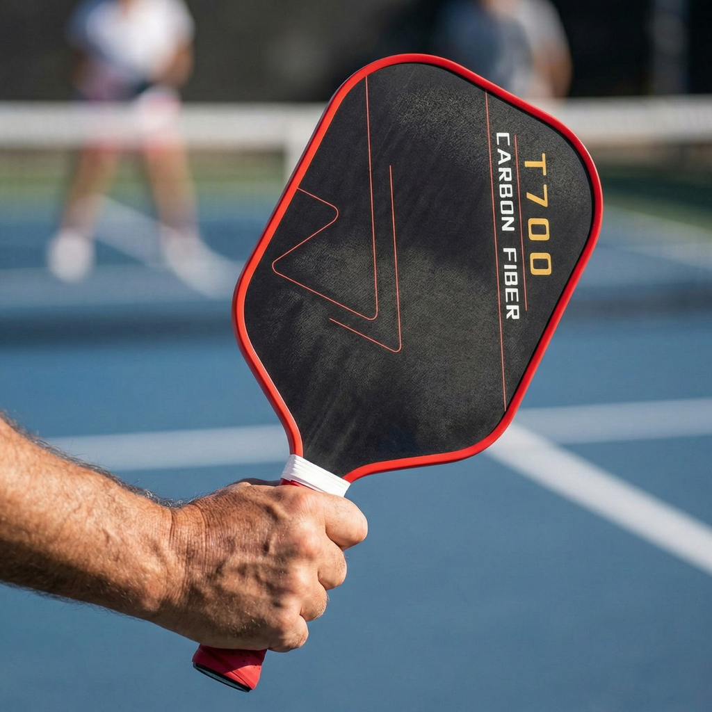 T700 carbon fiber pickleball paddle, black playing surface with red outline