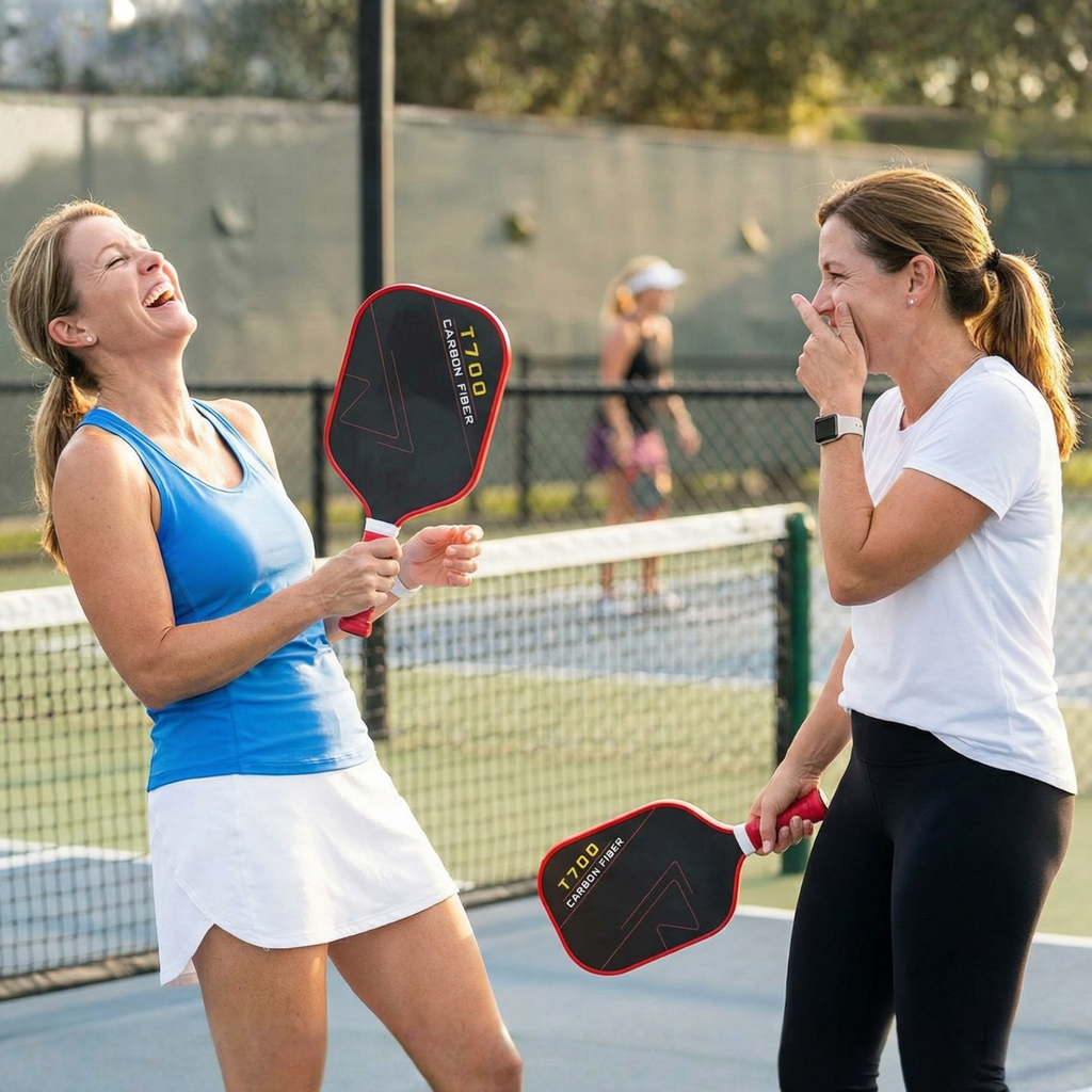 Two T700 carbon fiber pickleball paddles, red frames with black faces held in play