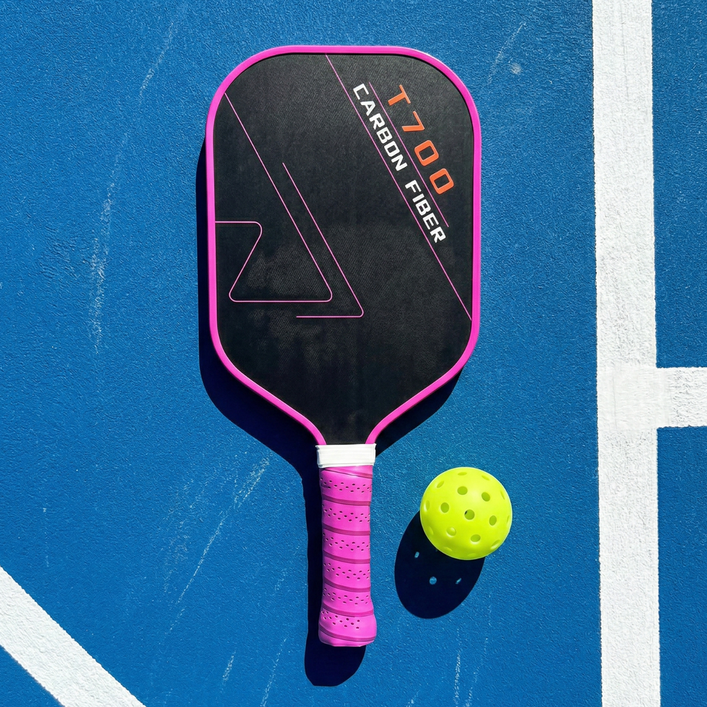 T700 Carbon Fiber Pickleball Paddle with black face and pink frame; perforated grip; green ball