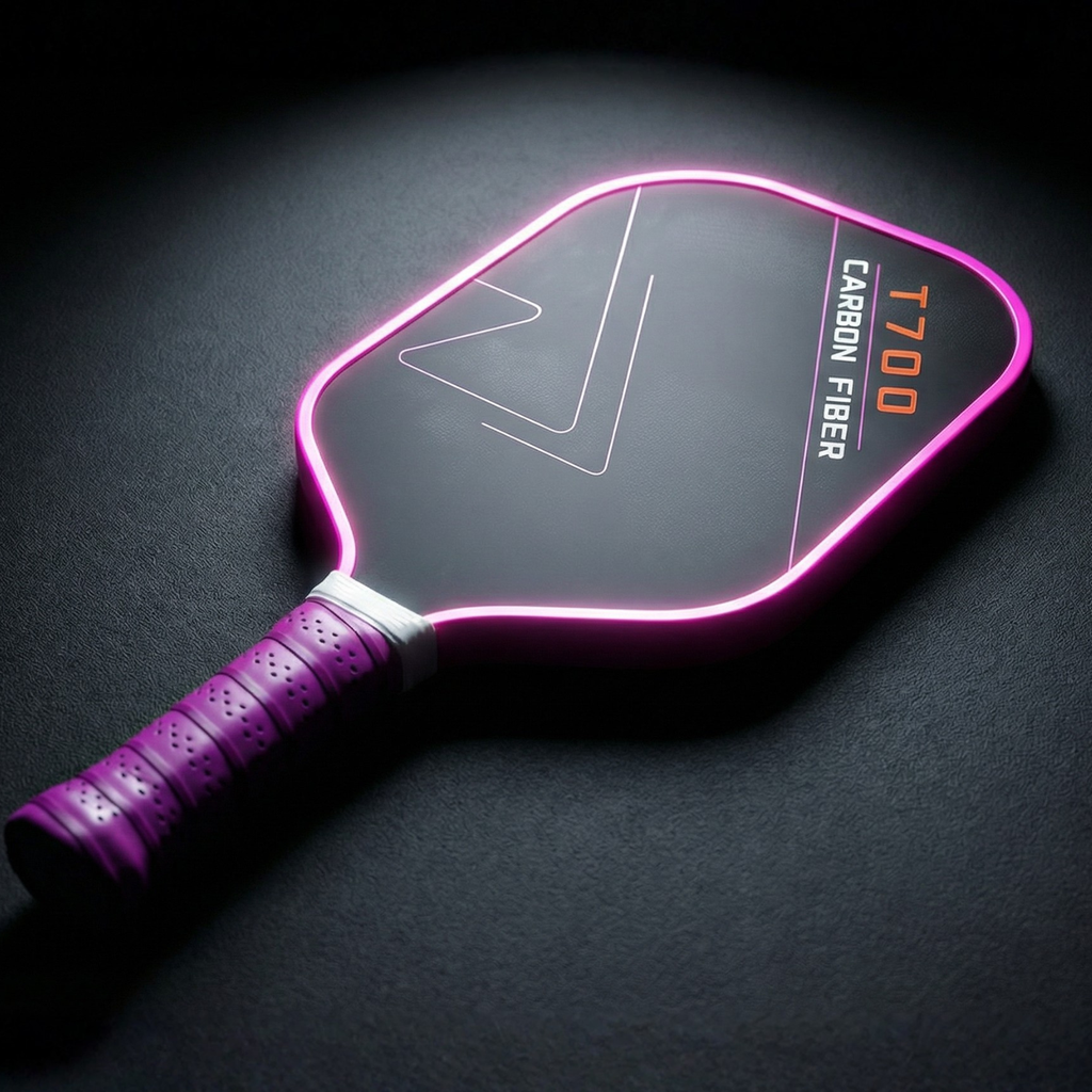 T700 Carbon Fiber Pickleball Paddle close-up: black face, pink outline, perforated grip