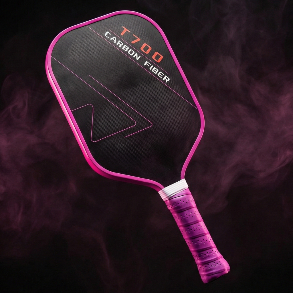 T700 Carbon Fiber Pickleball Paddle: black face, pink edge, perforated pink grip